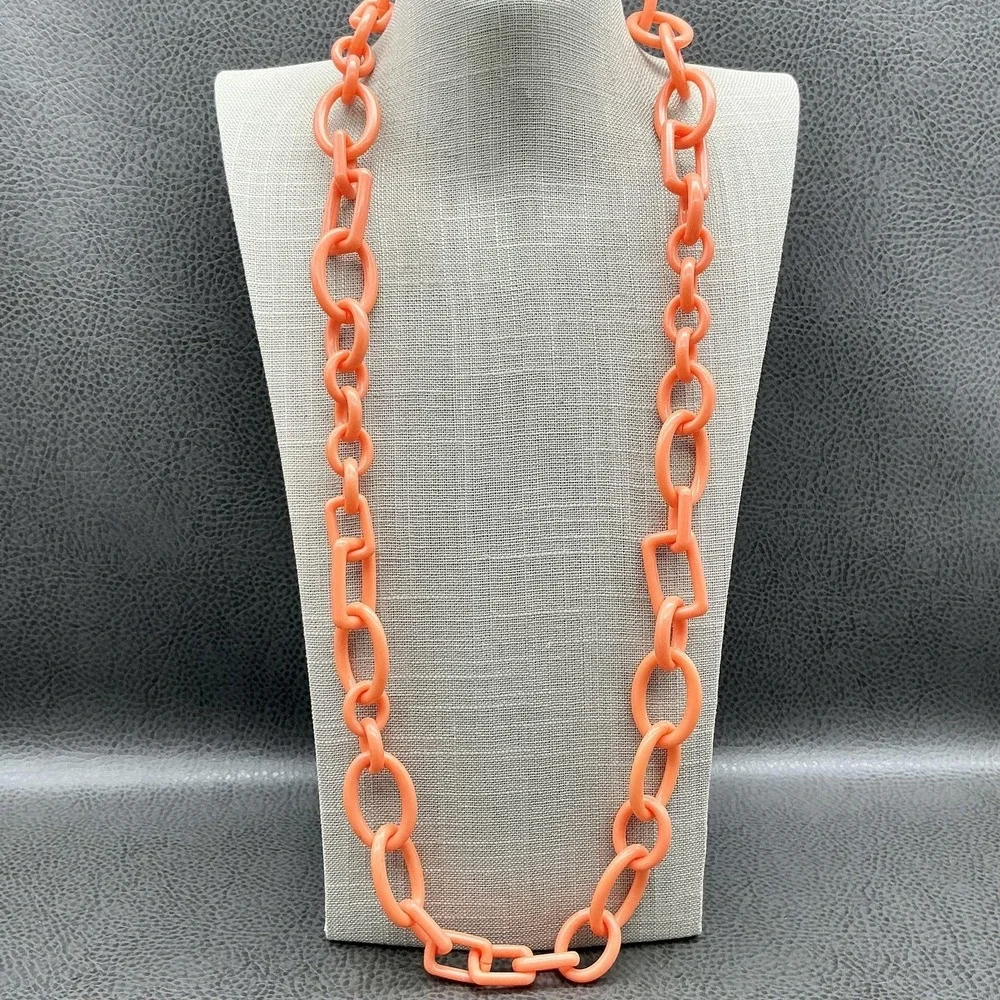 J. Crew Necklace Chain Link Womens Coral Orange Resin Gold Tone Chunky Statement